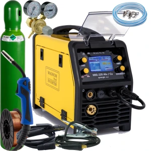 Spawarka MAGNUM MIG 220 MIG/MAG Alu/Cu Synergia 4x4 LCD IGBT TIG MMA Lutospawanie ZESTAW 4